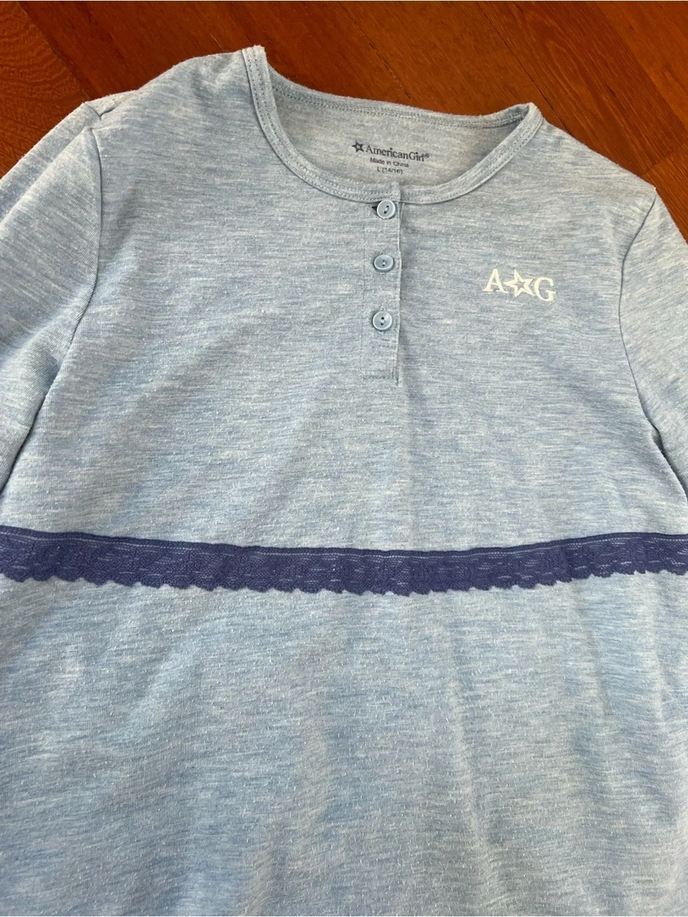 American Girl Nightgown Blue Long Sleeve sz L 14/16 Three Button Lace Detail